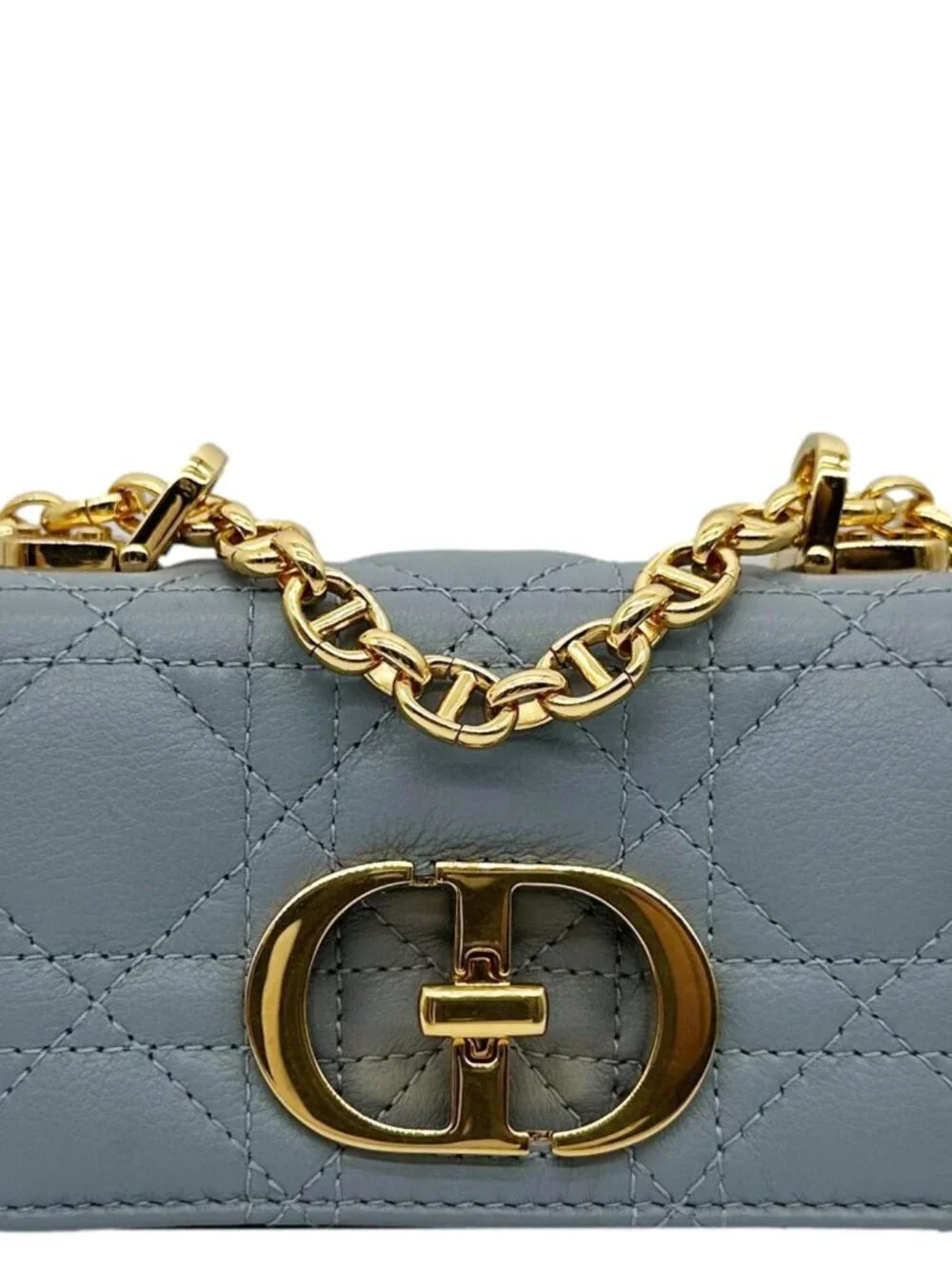 Christian Dior Micro Caro Supple Cannage Bag Chain Wallet Light Blue